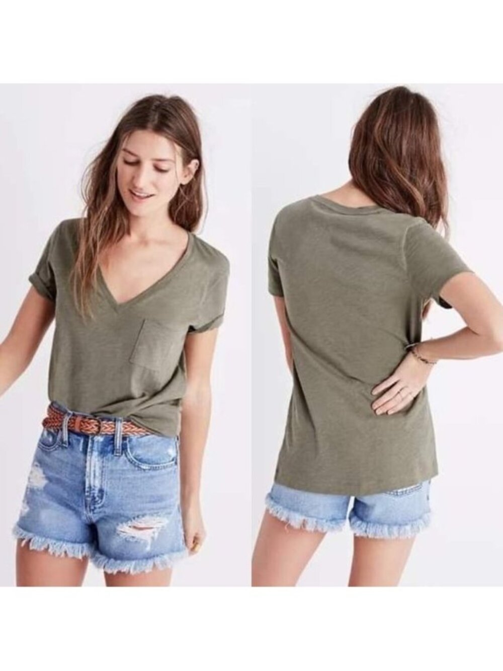 Madewell | Whisper Cotton V-neck In Forgotten Landscape Green | Size Extra Small